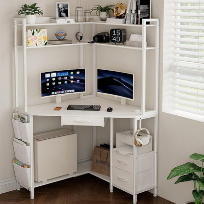 Corner Desk with Drawers Shelves, Office Desk with Hutch