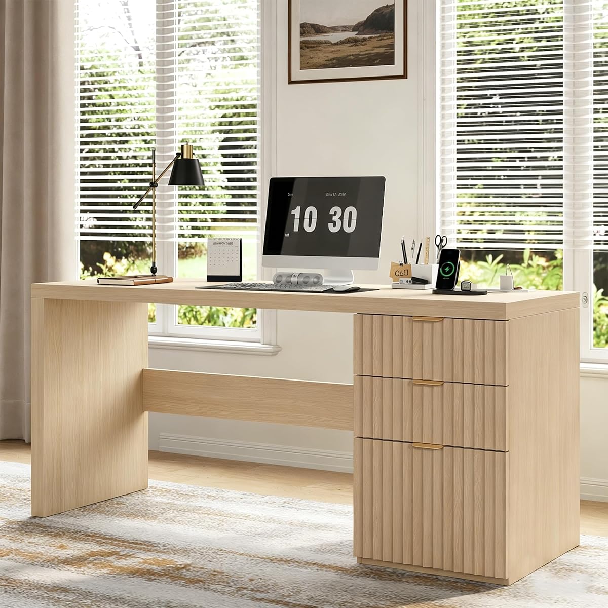 60" Fluted Executive Desk with Ample File Drawer & Large Charging Station, Wood Modern Home Office Desk with Storage, Computer Writing Desk for Work, Living Room, Bedroom, Durable & Sturdy, Natural