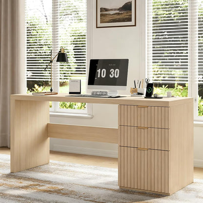 60" Fluted Executive Desk with Ample File Drawer & Large Charging Station, Wood Modern Home Office Desk with Storage, Computer Writing Desk for Work, Living Room, Bedroom, Durable & Sturdy, Natural