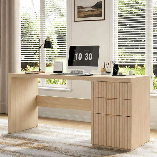60" Fluted Executive Desk with Ample File Drawer & Large Charging Station, Wood Modern Home Office Desk with Storage, Computer Writing Desk for Work, Living Room, Bedroom, Durable & Sturdy, Natural