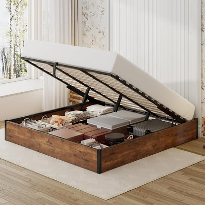 King Size Bed Frame with Lift Up Storage, Rustic Brown