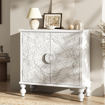 Solid Wood Buffet Cabinet, Accent Cabinet, 2 Carved Doors, White
