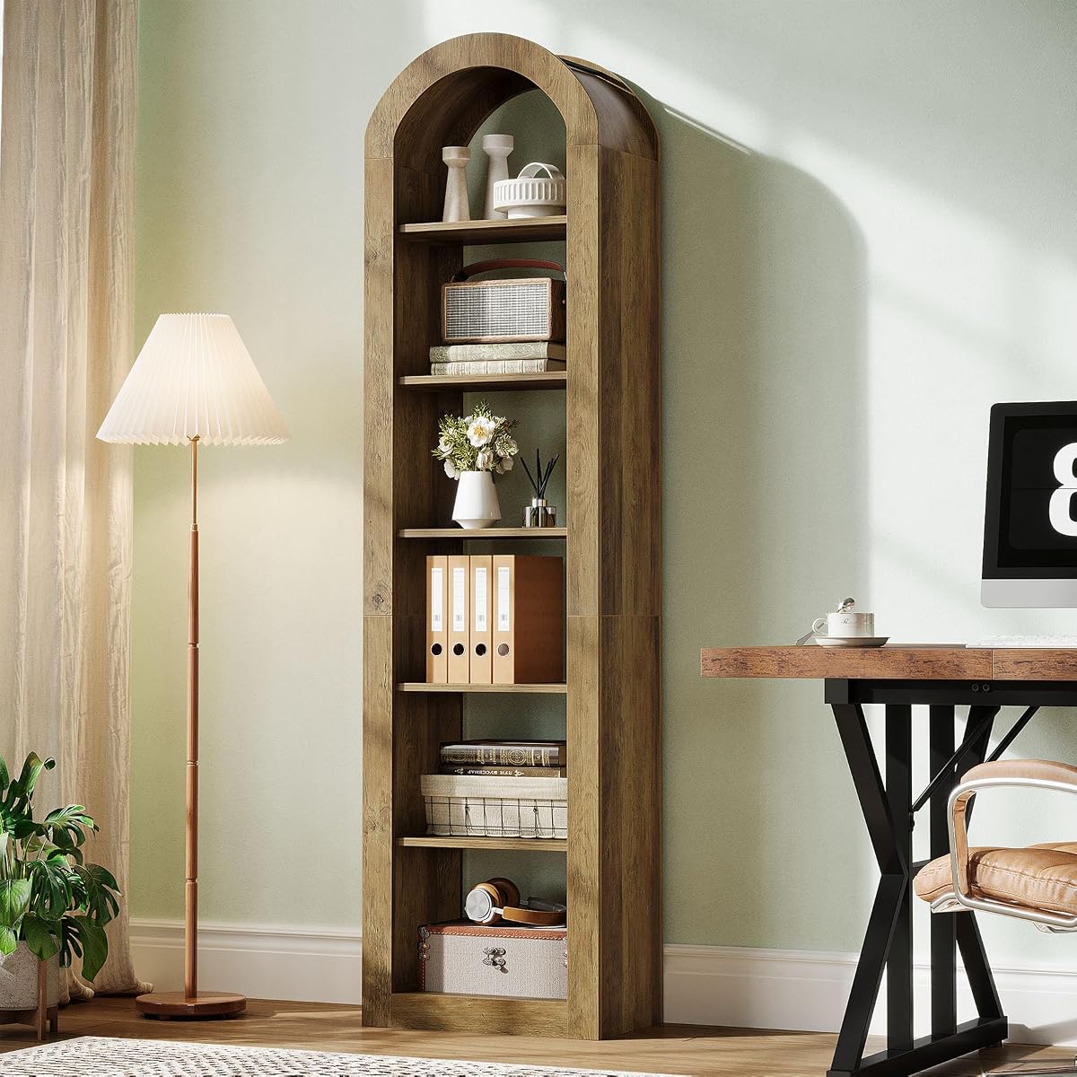 74.8" Tall Arched Bookshelf, 6-Tier Narrow Open Bookcase