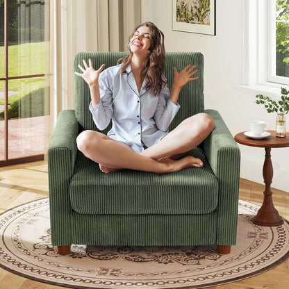 35.5in Corduroy Sofa Accent Chair, Tool-Free Setup Living Room Couch Accent Chairs, Reading Chair for Bedroom 22.5in Extra Deep Seats, Comfy Arm Chairs for Office, All-Wood Reading Nook Green