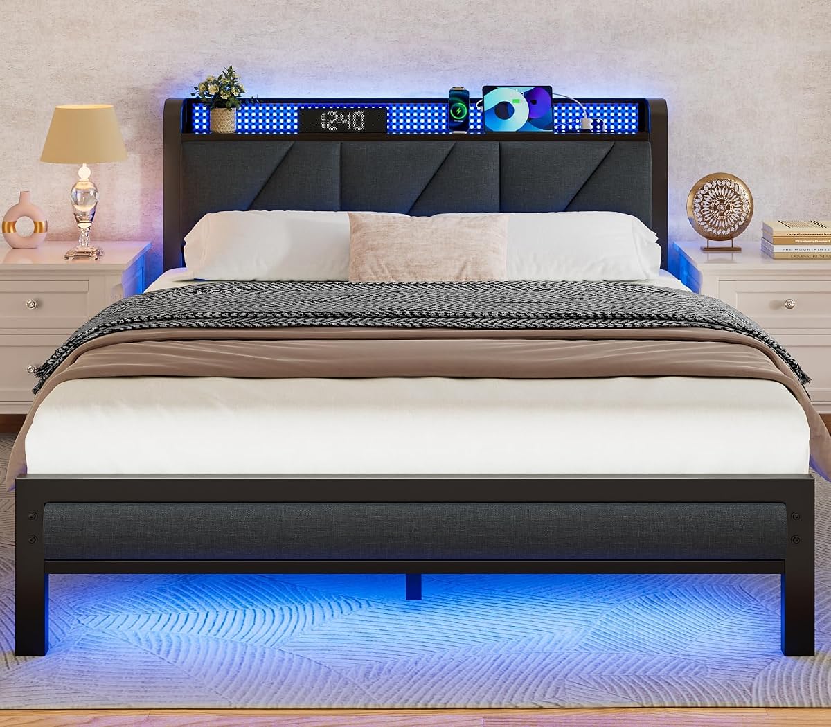 Full Size Bed Frame with Storage Shelf and Upholstered Headboard