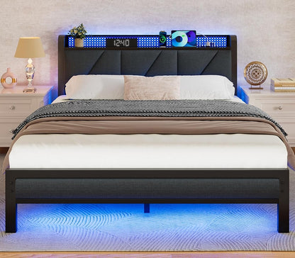 Full Size Bed Frame with Storage Shelf and Upholstered Headboard