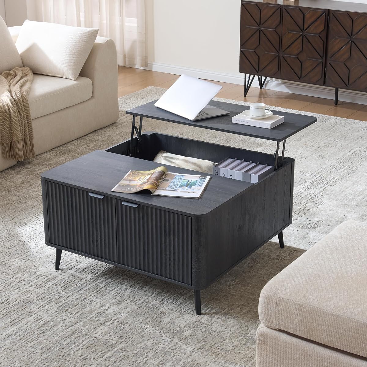 Large Lift Top Coffee Table with Hidden Compartment, 35.4" Wide Oversized Square Coffee Table with Storage, Mid Century Modern Fluted Center Table for Home Living Room, Black Grey