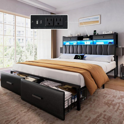Queen Black Bed with Drawers and Charger