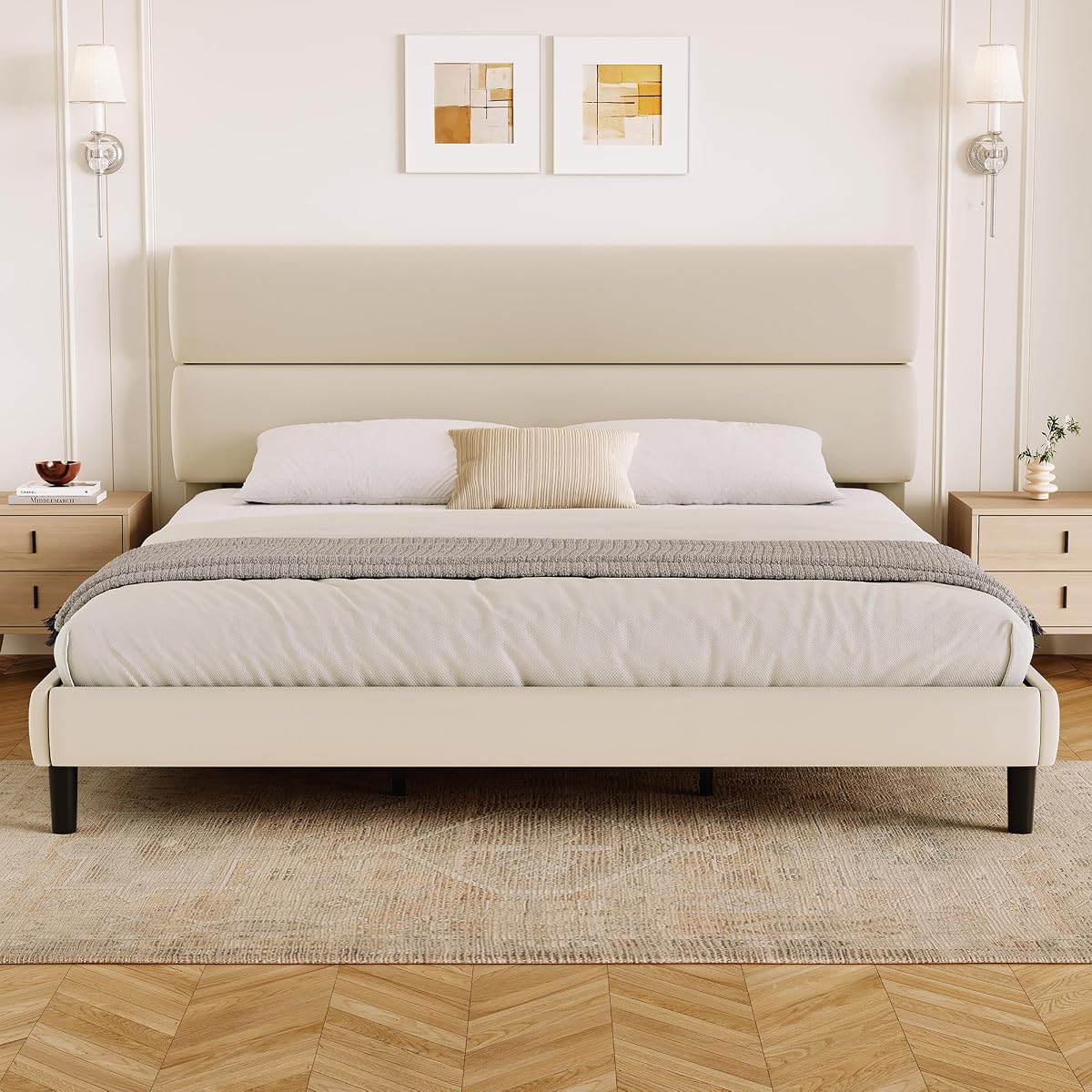King Size Platform Bed Frame with Velvet Headboard
