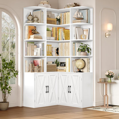 74" Tall Corner Bookshelf, White Bookshelf with Doors