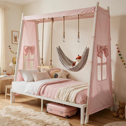 Twin Metal House Bed with Tent, Swing & Hammock, Pink Canopy Bed for Girls