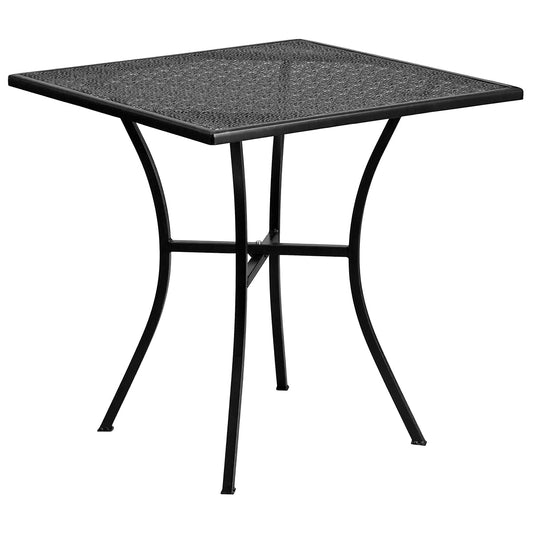 Oia 28" Commercial Grade Steel Patio Table, Modern Square Rain Flower Design Outdoor Dining Table, Black