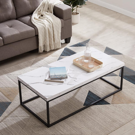47-Inch White Marble Coffee Table/Center Table, Large Size | Extra Thick 1.6" Honey-comb Top, Rectangle, Minimalist Modern Industrial Style, Wood and Metal Cocktail Table