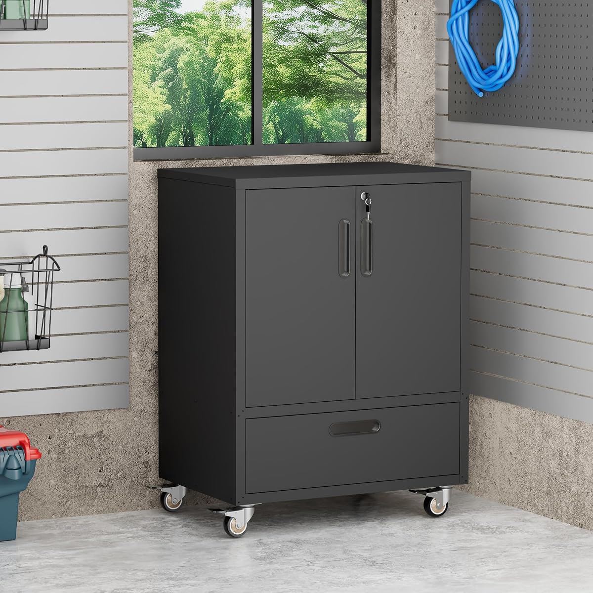 Metal Storage Cabinet with Wheels, Heavy Duty Steel Tool Cabinet with Doors and Drawer, Lockable Tool Cart for Garage Basement Workshop Warehouse, Assembly Required (Black)