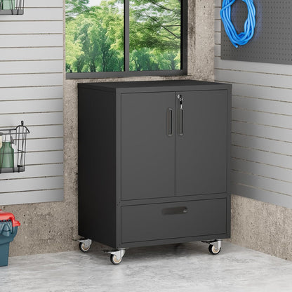 Metal Storage Cabinet with Wheels, Heavy Duty Steel Tool Cabinet with Doors and Drawer, Lockable Tool Cart for Garage Basement Workshop Warehouse, Assembly Required (Black)