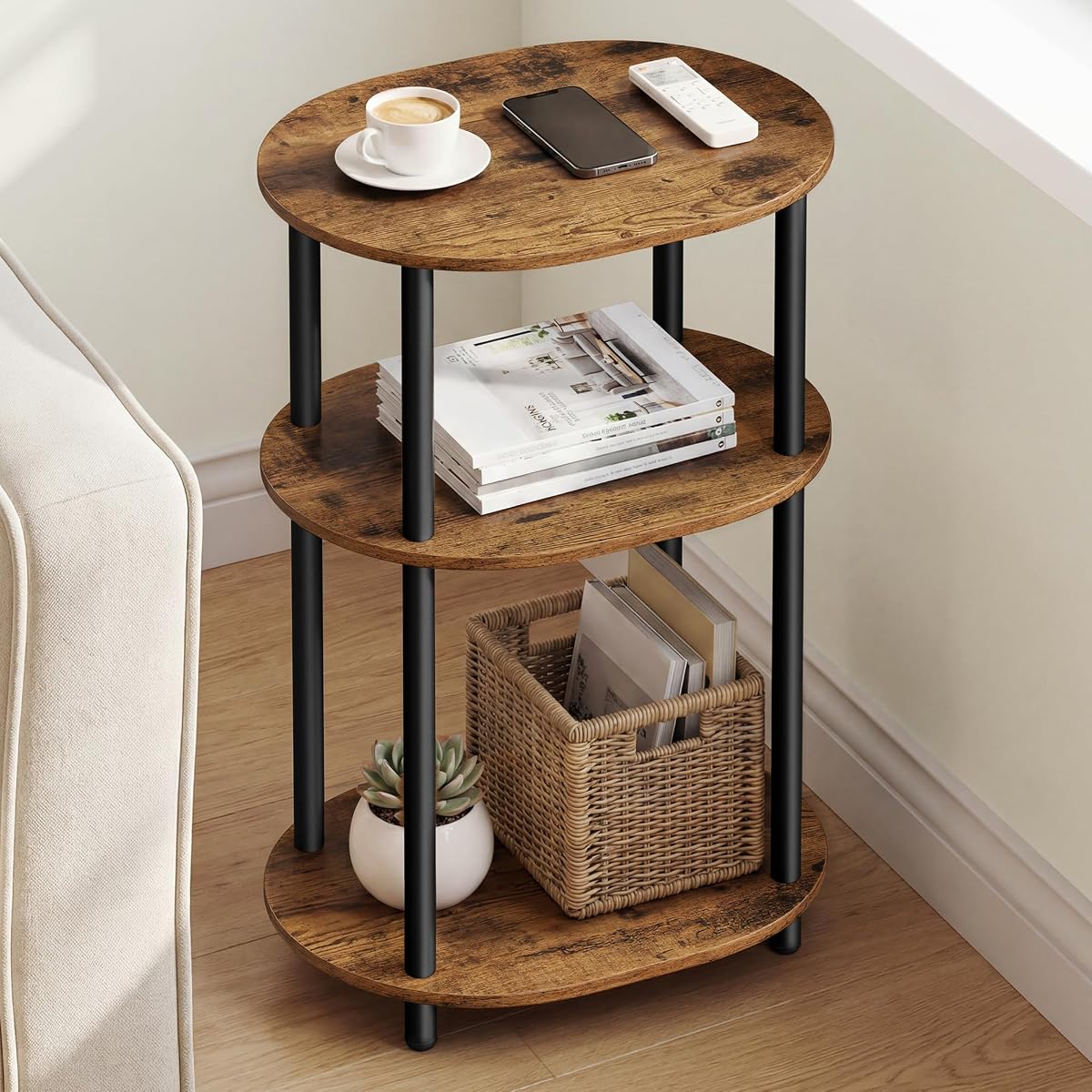 Side Table, Small End Table, Tall Nightstand for Living Room, Bedroom, Office, Bathroom, Steel Frame, Industrial Style, Oval, Rustic Brown and Ink Black ULET288K101