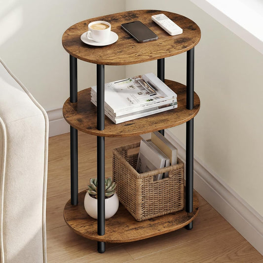 Side Table, Small End Table, Tall Nightstand for Living Room, Bedroom, Office, Bathroom, Steel Frame, Industrial Style, Oval, Rustic Brown and Ink Black ULET288K101