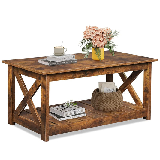 Farmhouse Coffee Table for Living Room, 40.1" Rustic Center Table with X-Frame Support & Storage Shelf, 2-Tier Wood Coffee Tables for Bedroom & Balcony, Rustic Brown