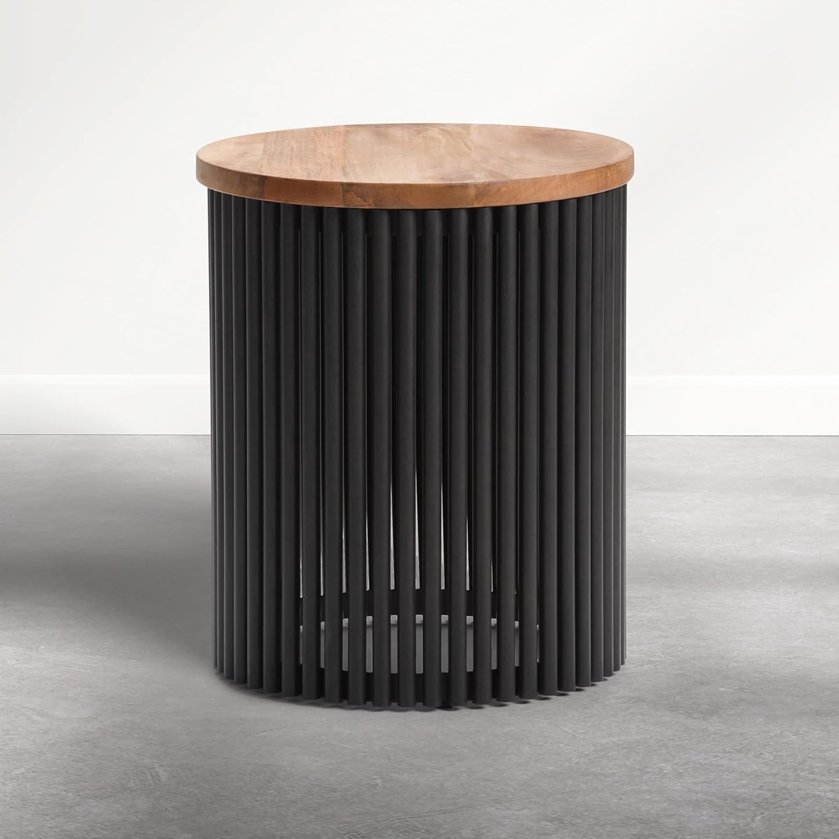 Demy Accent Table - 18 inch Wide Solid Mango Wood and Metal Round Side Table in Earthtone/Ebony, Modern End Table for Living Room or Bedroom with Slatted Base Design, Assembled