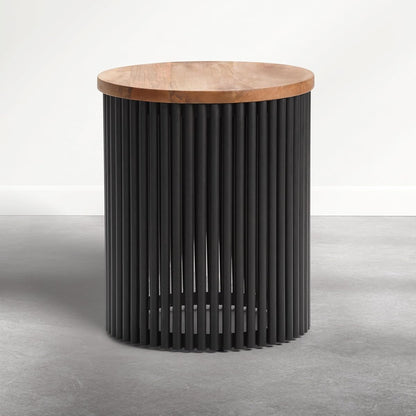 Demy Accent Table - 18 inch Wide Solid Mango Wood and Metal Round Side Table in Earthtone/Ebony, Modern End Table for Living Room or Bedroom with Slatted Base Design, Assembled