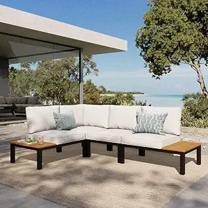 4 Pieces Outdoor Sectional with Cushion, Metal L-Shaped Outdoor Patio Furniture Set with Side Table, Modular Patio Conversation Set, Modern Backyard Furniture for Deck,Garden