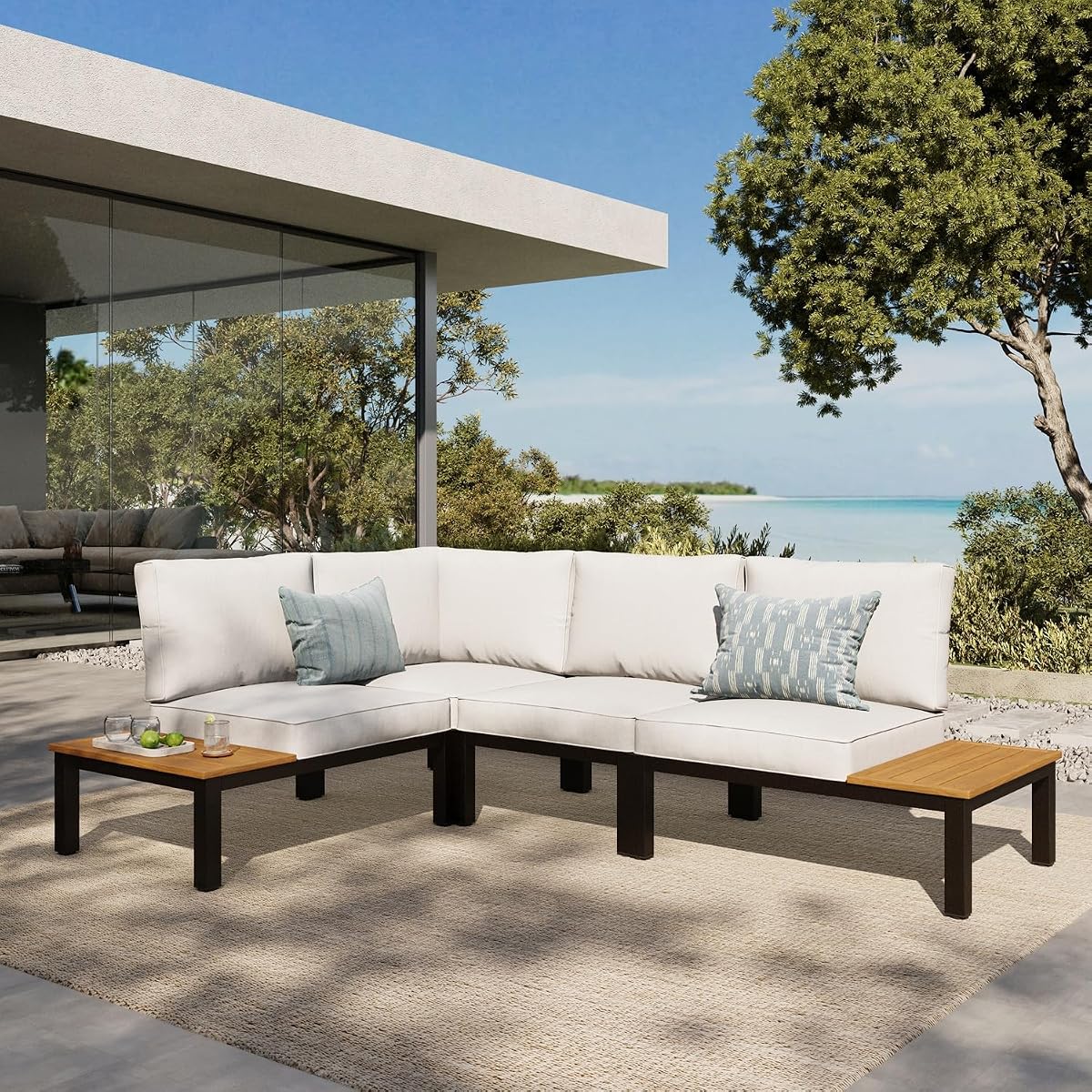 4 Pieces Outdoor Sectional with Cushion, Metal L-Shaped Outdoor Patio Furniture Set with Side Table, Modular Patio Conversation Set, Modern Backyard Furniture for Deck,Garden