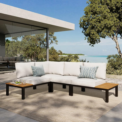 4 Pieces Outdoor Sectional with Cushion, Metal L-Shaped Outdoor Patio Furniture Set with Side Table, Modular Patio Conversation Set, Modern Backyard Furniture for Deck,Garden