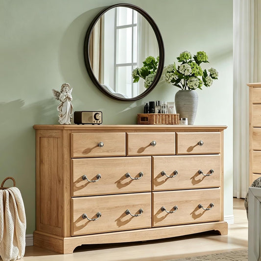 54" Wide 7 Drawers Dresser Chests for Living Room, Natural Oak
