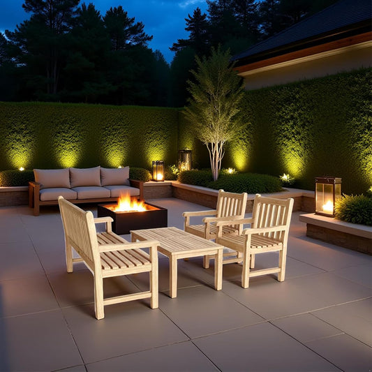 Classic 3-Seater 4-Piece Conversation Set Solid Teak Wood Outdoor Furniture with Cushions Patio Garden Lounge Set Include Sofa Armchairs Coffee Table Handcrafted Weather-Resistant Luxury Set