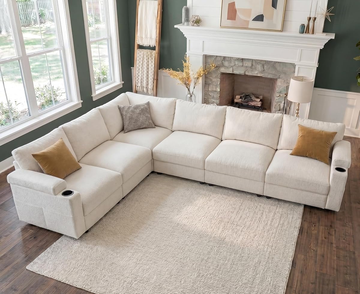 Sectional Couches for Living Room FSC Certified Velvet Modular Couch Oversized Cloud U Shaped Convertible Sleeper Sofa Chaise Detachable Armrest Cushion (Chenille Beige, L Shape 6 Seat)