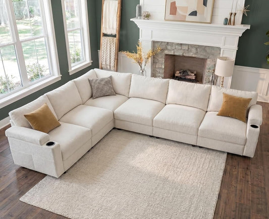 Sectional Couches for Living Room FSC Certified Velvet Modular Couch Oversized Cloud U Shaped Convertible Sleeper Sofa Chaise Detachable Armrest Cushion (Chenille Beige, L Shape 6 Seat)