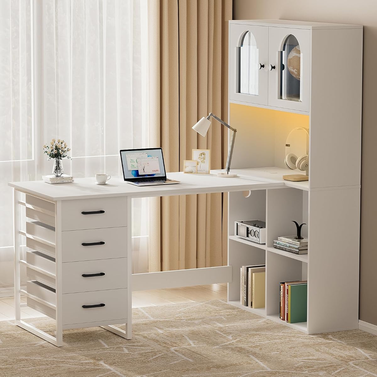 L-shaped Computer Desk with Power Outlets & LED Light, Home Office Desks w 4 Drawers, File Cabinet & Storage Shelves, Executive Desk Gaming Writing Study Table for Home Office, Bedroom, White