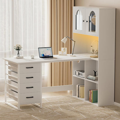 L-shaped Computer Desk with Power Outlets & LED Light, Home Office Desks w 4 Drawers, File Cabinet & Storage Shelves, Executive Desk Gaming Writing Study Table for Home Office, Bedroom, White