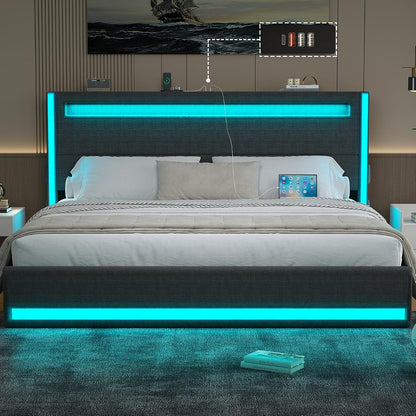 King Size Bed Frame with Headboard, Upholstered LED Bed Frame, Light up