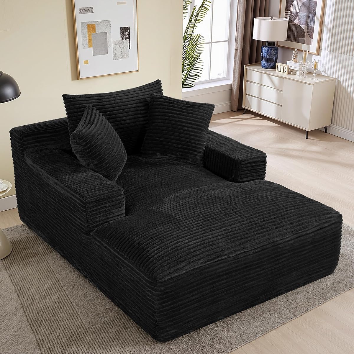 50"W x 68"D Oversized Chaise Lounge Chair Indoor Boneless Reading Chair Plush Corduroy Recliner Large Deep Seat Upholstered Sleeper Comfy Sofa Bed Couch with 3 Pillows for Living Room Bedroom, Black