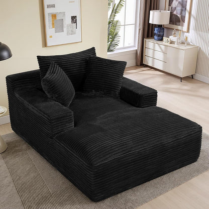 50"W x 68"D Oversized Chaise Lounge Chair Indoor Boneless Reading Chair Plush Corduroy Recliner Large Deep Seat Upholstered Sleeper Comfy Sofa Bed Couch with 3 Pillows for Living Room Bedroom, Black