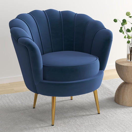 Mid Century Modern Upholstered Accent Chair,Retro Leisure Velvet Single Sofa with Golden Metal Legs for Living Room/Bedroom(Navy Blue)