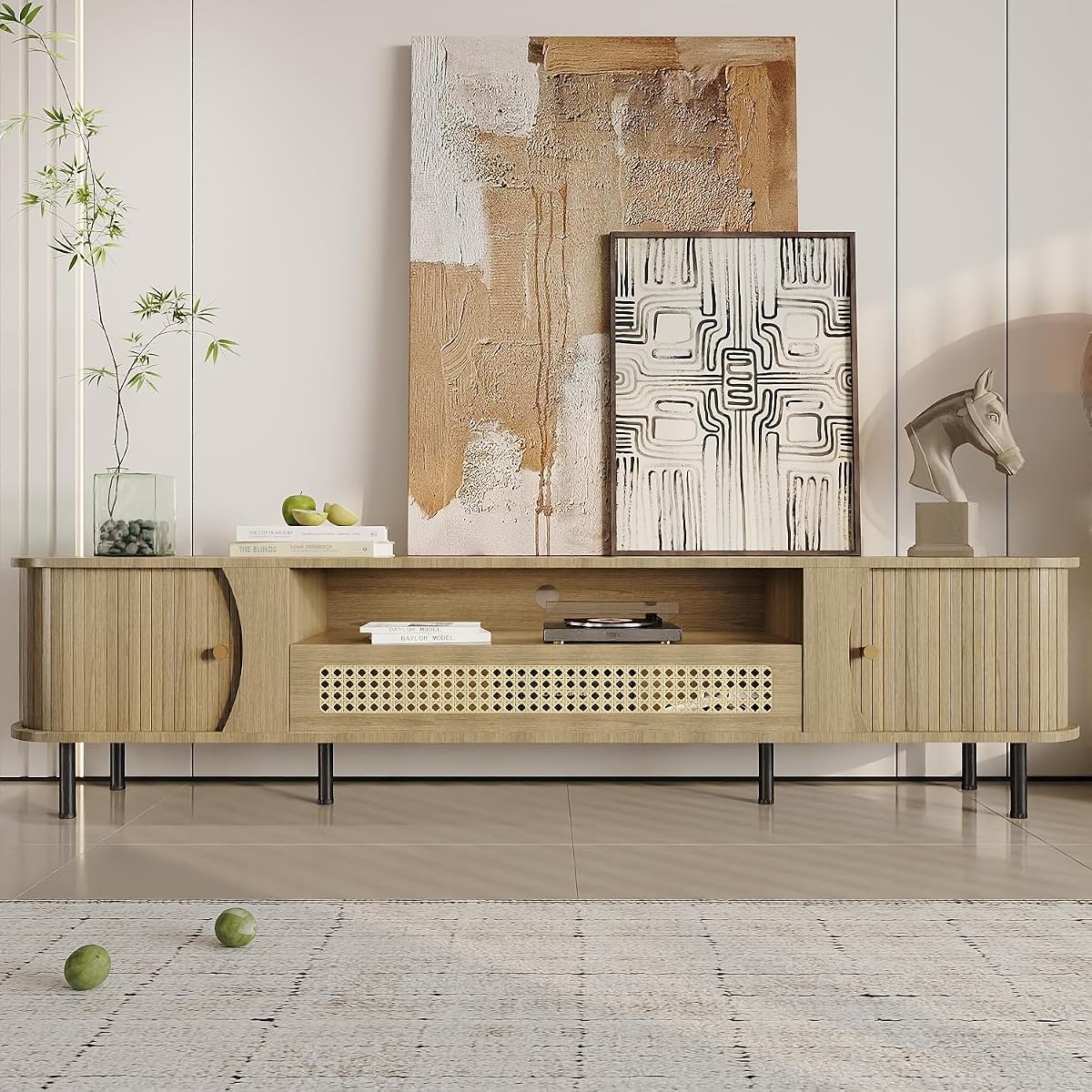 79"Fluted TV Stand with Sliding Doors, TV Consoles for Living Room,Oak