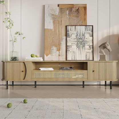 79"Fluted TV Stand with Sliding Doors, TV Consoles for Living Room,Oak