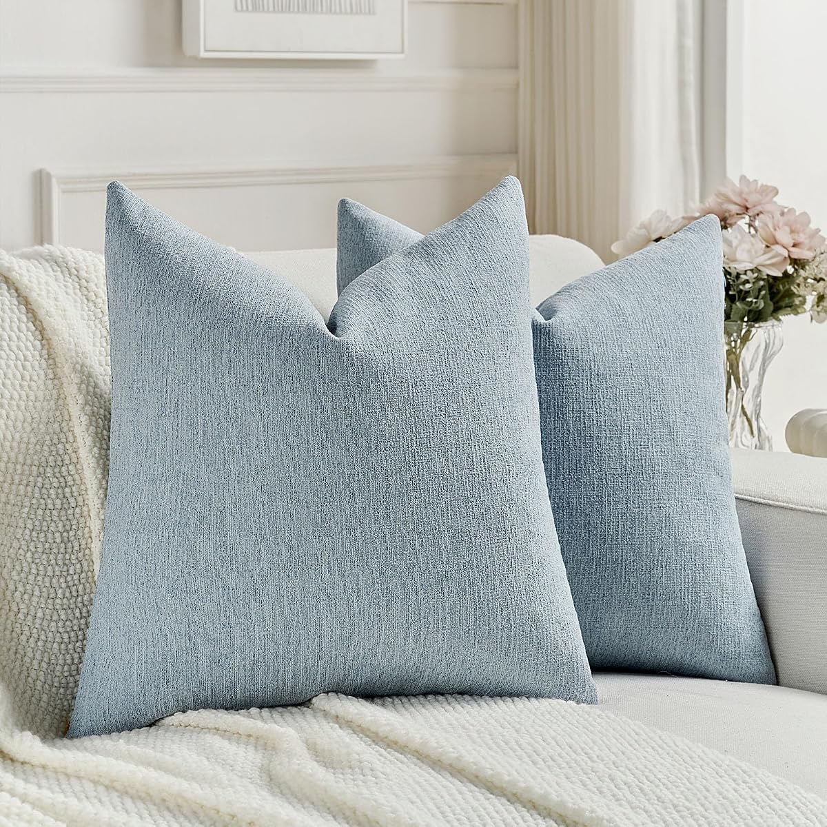 Pack of 2 Chenille Decorative Throw Pillow Covers 18x18 Inch,Soft Cozy Faux Linen Textured Cushion Case,Farmhouse Home Decor for Couch Living Room,Denim Blue