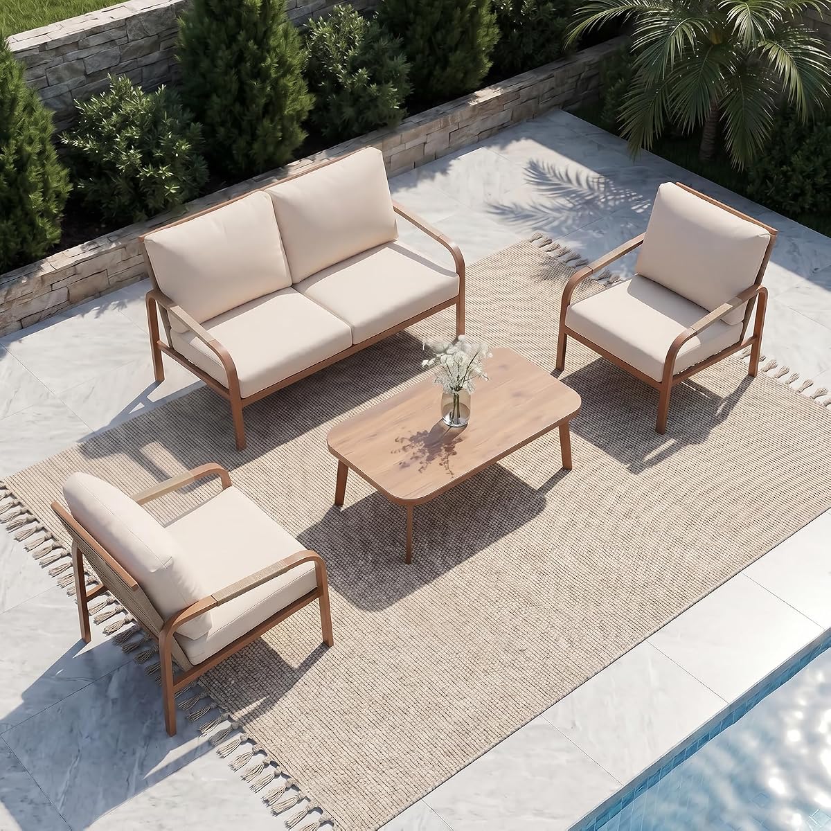 Aluminum Outdoor Patio Furniture Set,4-Piece Sectional Sofa with Coffee Table,Washable Thick Cushions,Modern Patio Conversation Set for Backyard,Garden,Porch,Balcony,Deck,Beige