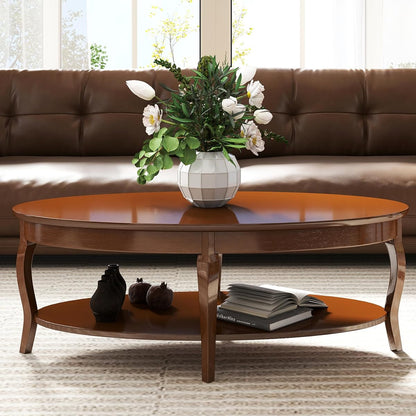 Coffee Table with Storage Oval Solid Wood Coffee Table Antique Farmhosue Living Room Table Rustic Center Table for Living Room Guest Room Reception Room Waiting Room, Brown Walnut Color