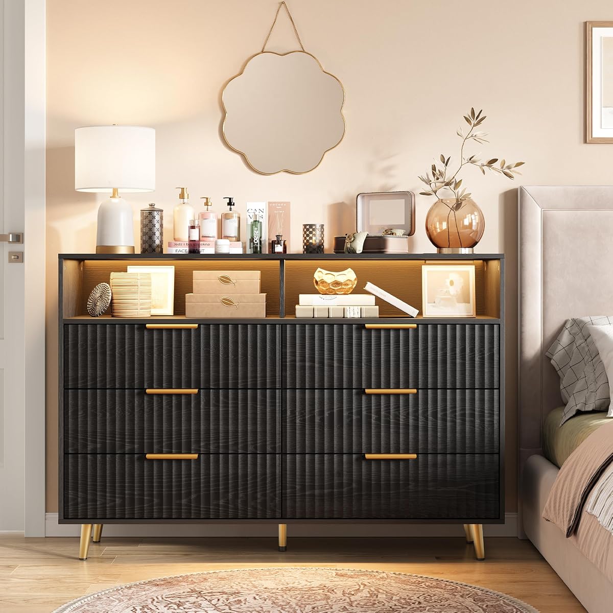 Fluted Dresser for Bedroom (Black, 53.9"W x 15.5"D x 37.8"H(6 Drawers))