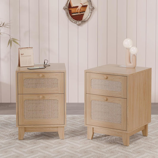 Boho rattan nightstands with charging station, set of 2