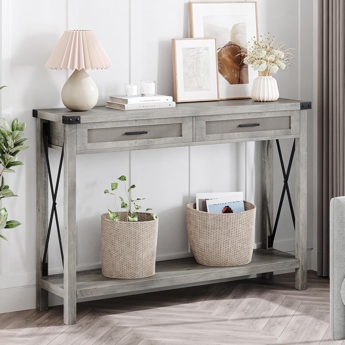 Farmhouse Entryway Table, Grey Console Table with Rattan Drawers, 43" Sofa Table with Storage, Console Tables for Entryway, Living Room, Hallway, Foyer-Grey
