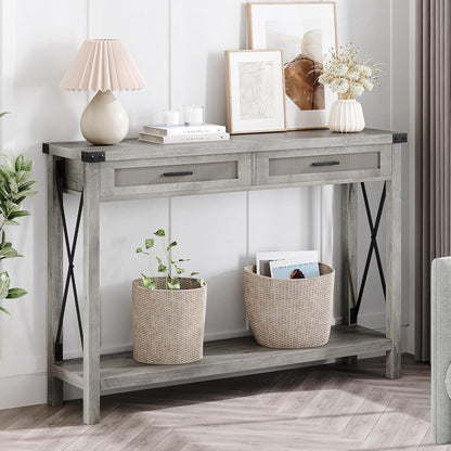 Farmhouse Entryway Table, Grey Console Table with Rattan Drawers, 43" Sofa Table with Storage, Console Tables for Entryway, Living Room, Hallway, Foyer-Grey