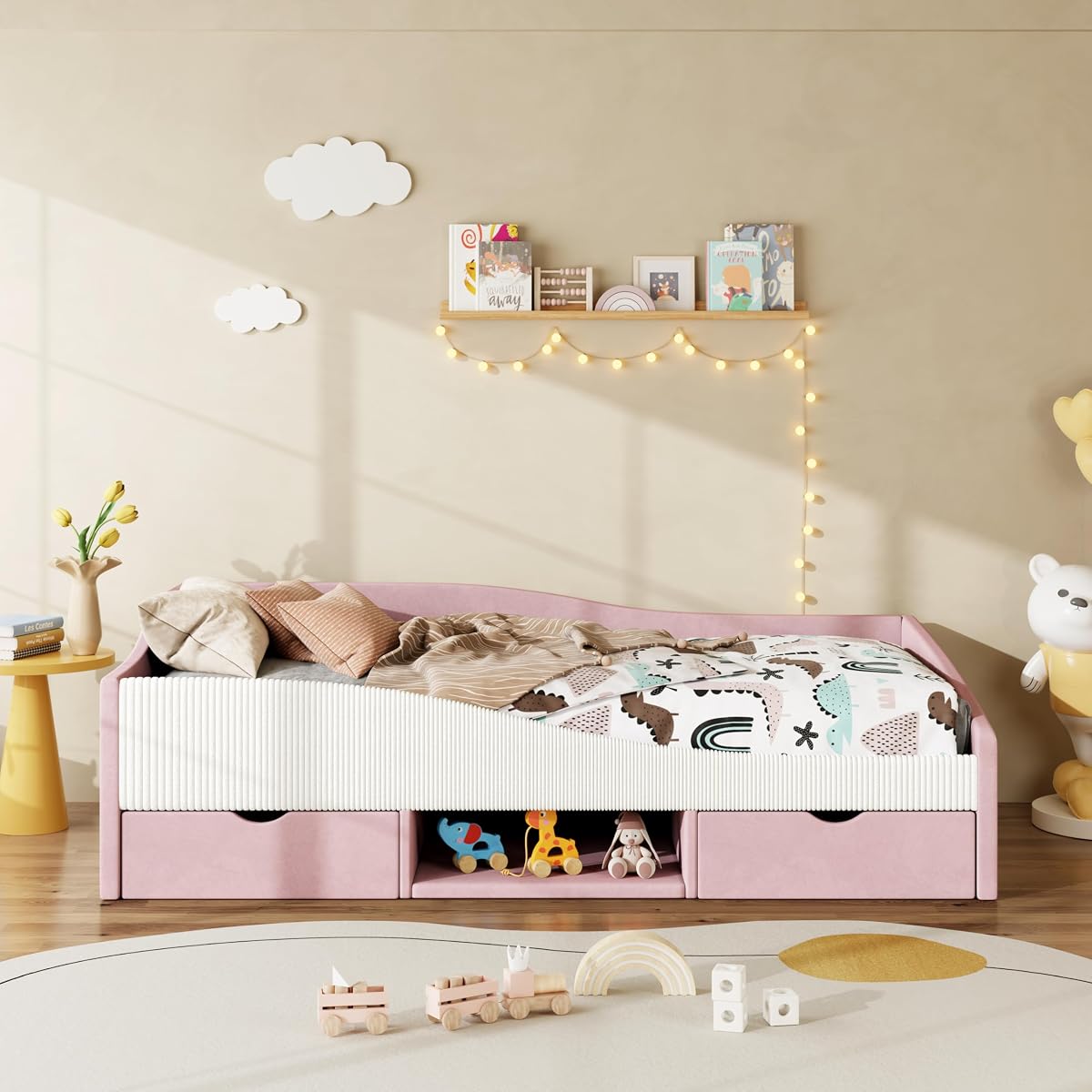 JIVOIT Twin Size Upholstered Daybed, 2 Storage Drawers, Padded Shelf, Guardrail (Pink/ Twin,82)