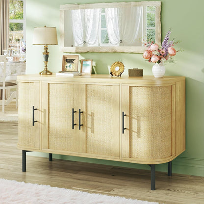 47.2" Sideboard Buffet Cabinet with Storage, Sideboard Cabinet with 4 Rattan Doors, Adjustable Shelf & Metal Legs, Multifunctional Storage Cabinet for Kitchen, Living Room, Entryway, Oak