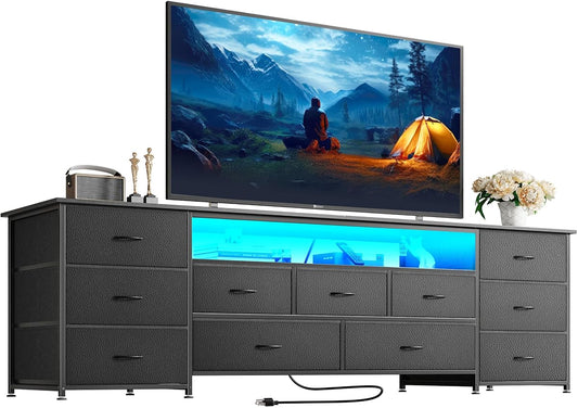 70 Inch TV Stand for 75, 80 Inch TV, 11 Drawer Long Dresser with Power Outlets and LED Lights, Entertainment Center with Storage, Black Dresser with PU Leather Surface
