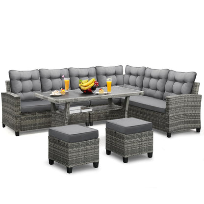 6 Piece Patio Furniture Set, Dining and Conversation Set, Grey | UV Treated Wicker, Machine Washable Cushions, Seats 7, 2 Ottomans, 3 Sofa Section, Dining Table, Rustproof Frame